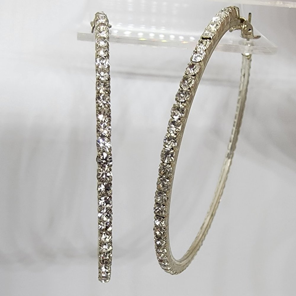 Round White Rhinestone Prong Set in HUGE Silver Hoop Pierced Earrings